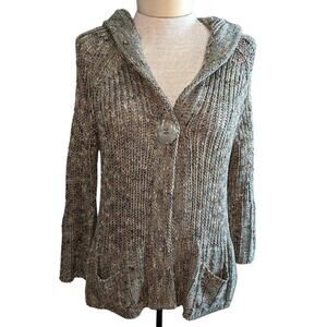 Vertigo Paris Chunky Knit Hooded Sweater Unique Large Button/Snap Green Sz L